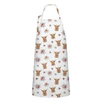 White Highland Cow Flower Pattern Apron-Garden Aprons for Women with Pockets-Cotton Linen Waterproof Kitchen Cooking Gardening Aprons Adjustable for Kitchen,Cooking,BBQ and Salon 33x27 Inch