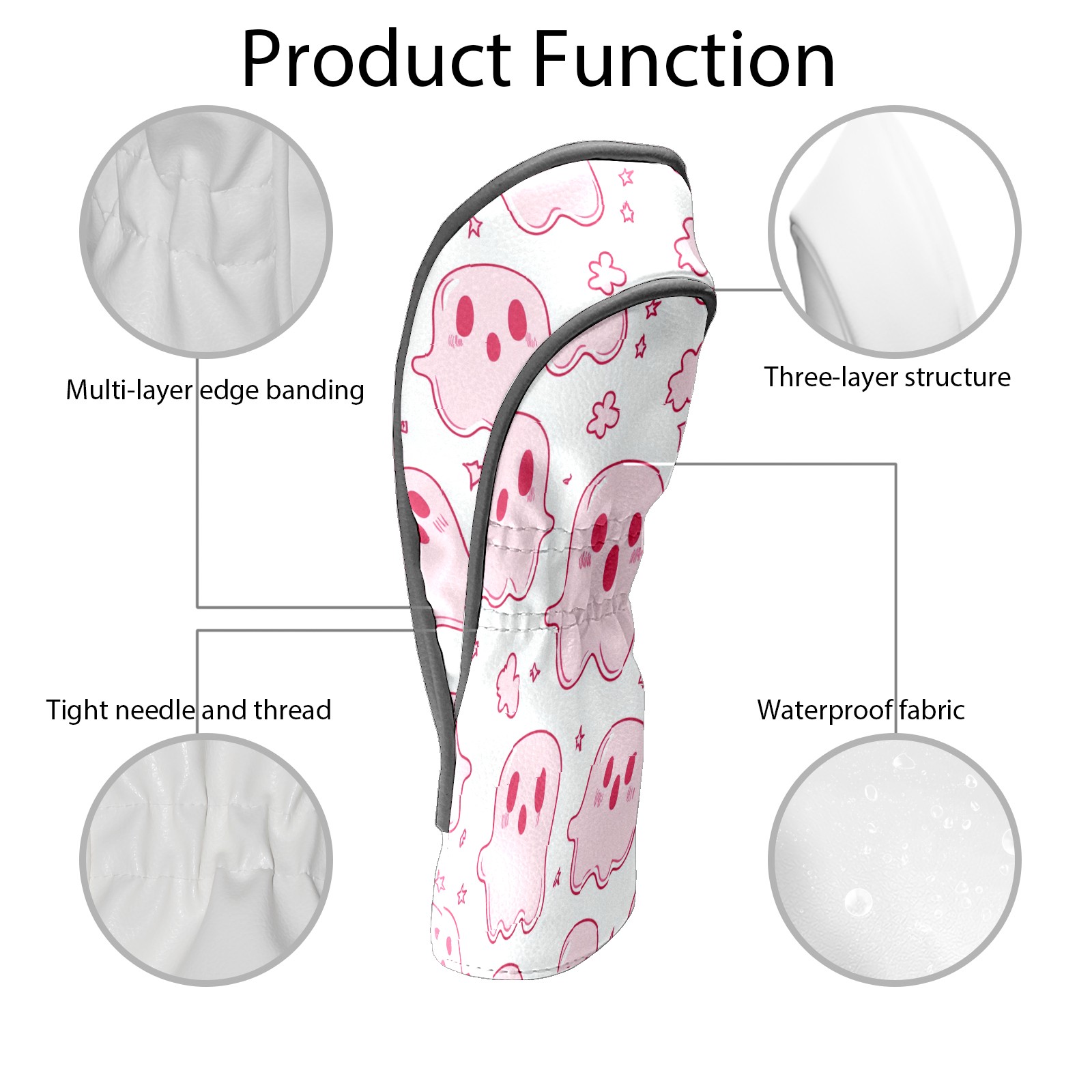 Golf Club Covers, LightPink Cartoon Ghosts Premium PU Leather Driver Hybrid Putter Head Covers with Velvet Lining, Waterproof Golf Gifts for Men Women