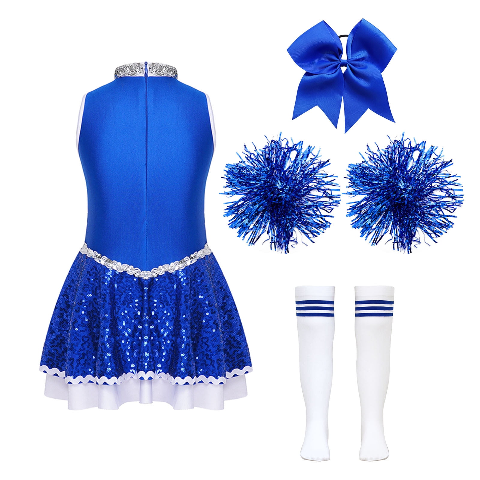 iiniim Girls Cheer Leader Sequins Cheerleading Dress with Pom Poms Headwear Socks for Halloween B Blue 10
