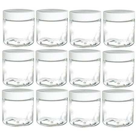 3 Oz Plastic Jar - Clear PET (BPA Free) Plastic Refillable Travel Jar with White Foam Lined Lid - 4 oz (12 Pack) + Spatulas and Labels