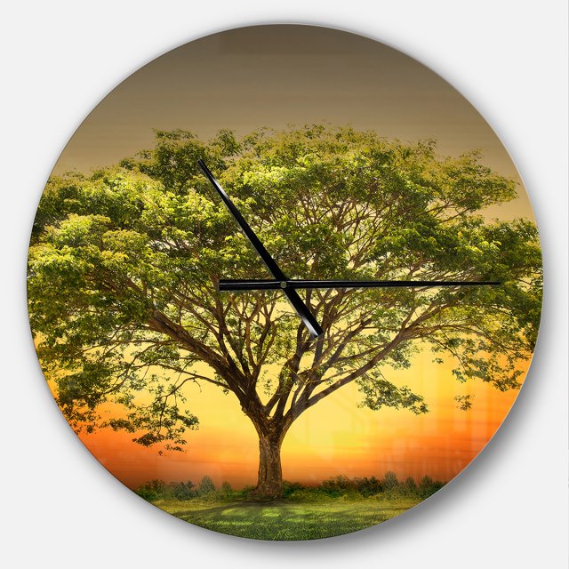 DesignArt Green Tree against Setting Sun Large Wall Clock