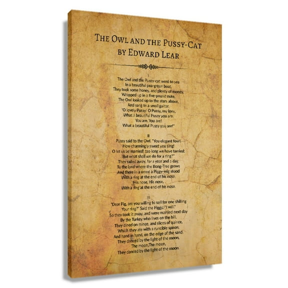 The Owl And The Pussy-cat Poem Wall Decor Edward Lear Quotes Wall Art Poetry Posters for Kitchen Print for Bathroom Canvas Paintings Giclee Artwork Framed 20x30 in