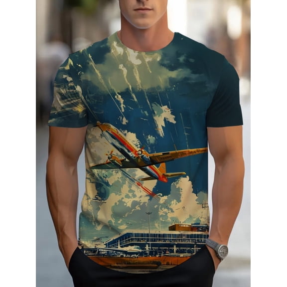 Men's casual airplane pattern T-shirt, suitable for outdoor activities. Made of soft blue and white fabric, it is light and comfortable, perfect for travel and daily wear.