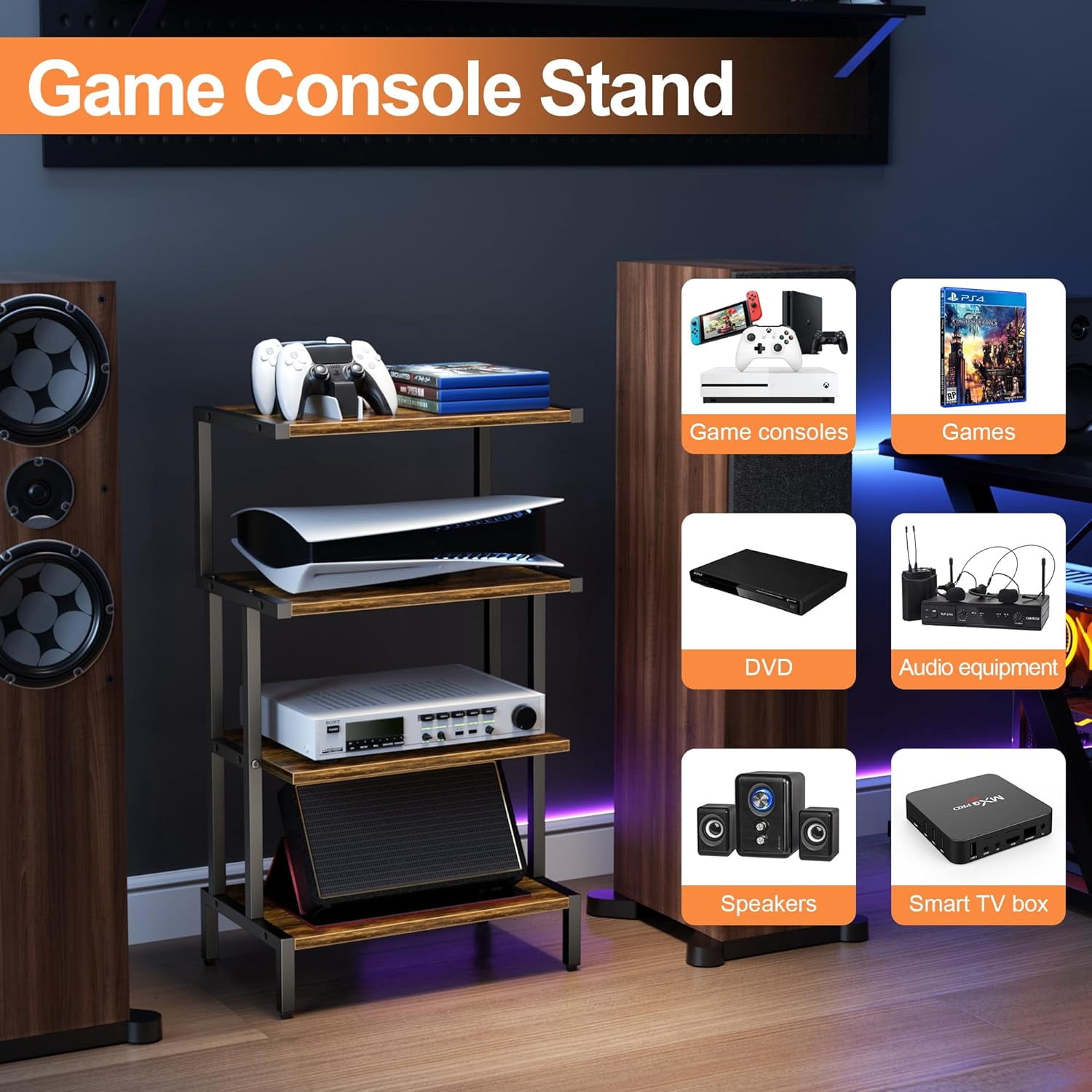 KitchenKey Game Console Stands, 4-Tier AV Media Shelf, Stereo Stand, Wood Gaming Entertainment Center Rack for Audio Video Games DVD Player Organizer Storage Shelves fit Small Space