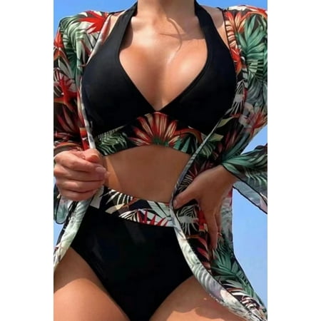 U.Vomade Vibey Tropical Bikini Set - Chic Halter Cover-Up  3-Piece Swimwear Collection