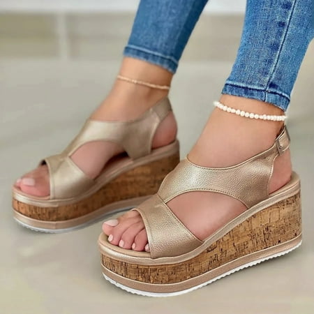 

〖Yilirongyumm〗 Rose Gold 39 Sandals Women Solid Wedge Platform Sandals Leather Ladies Fashion Buckle Mouth Fish Color Women s Sandals
