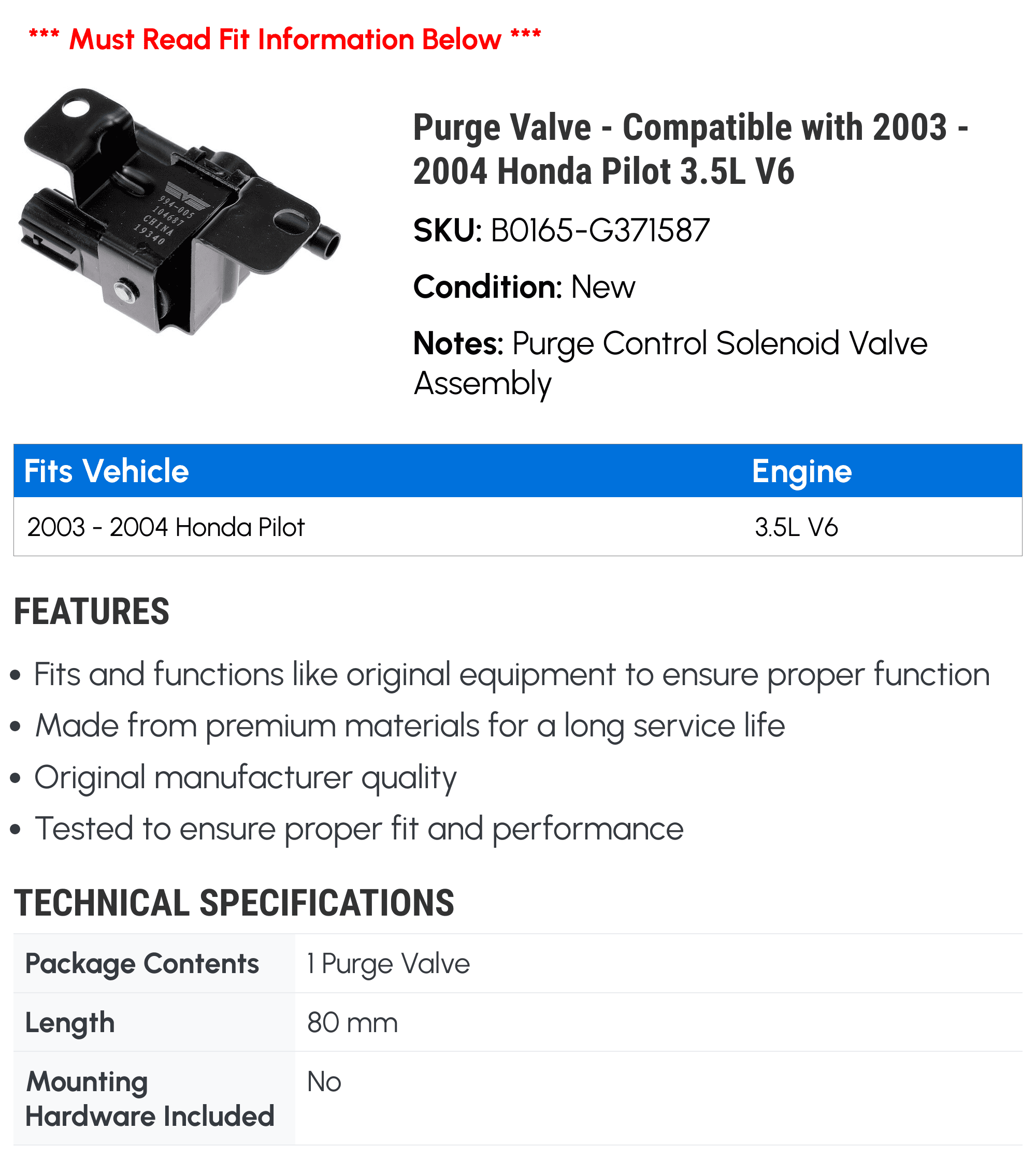 Purge Valve - Compatible with 2003 - 2004 Honda Pilot 3.5L V6