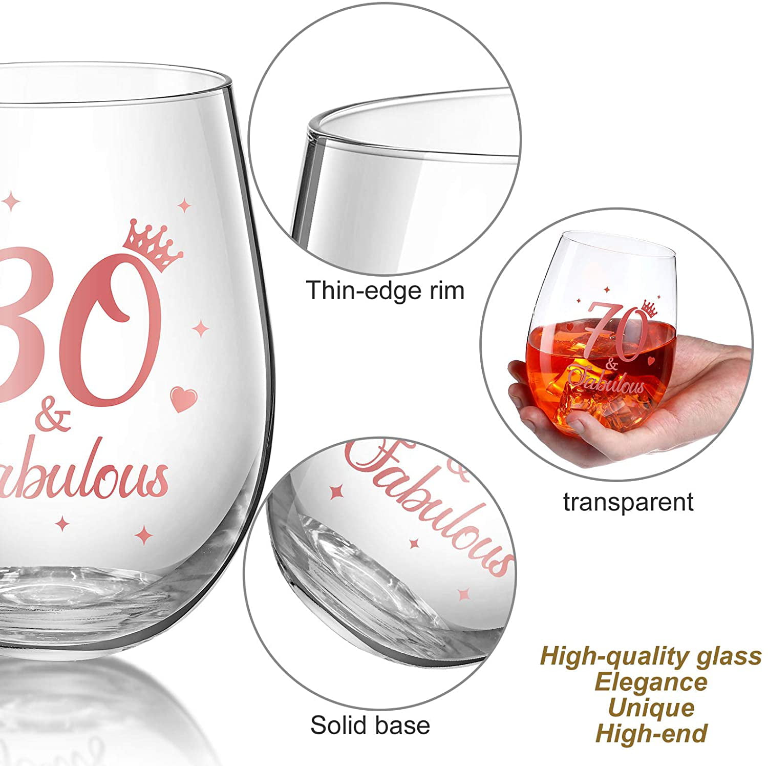 30 and Fabulous Stemless Wine Glass Rose Gold Birthday Wine Glass Present Anniversary Glasses for Man Women Birthday Party Wedding Anniversary Decorations 17 oz