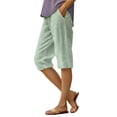 thumbnail image 2 of Pedal Pushers for Women Lightweight Summer Pull on Striped Linen Shorts High Waisted Linen Capri Pants Baggy Pinstripe Capris Dark Green 2XL, 2 of 4