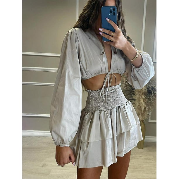 Sexy solido Tops trajes mujer moda cinturon de lazo manga larga ahueca hacia fuera traje mujeres elegantes Mini faldas trajes mujer verano OutfitGray 01S Walmart en linea
