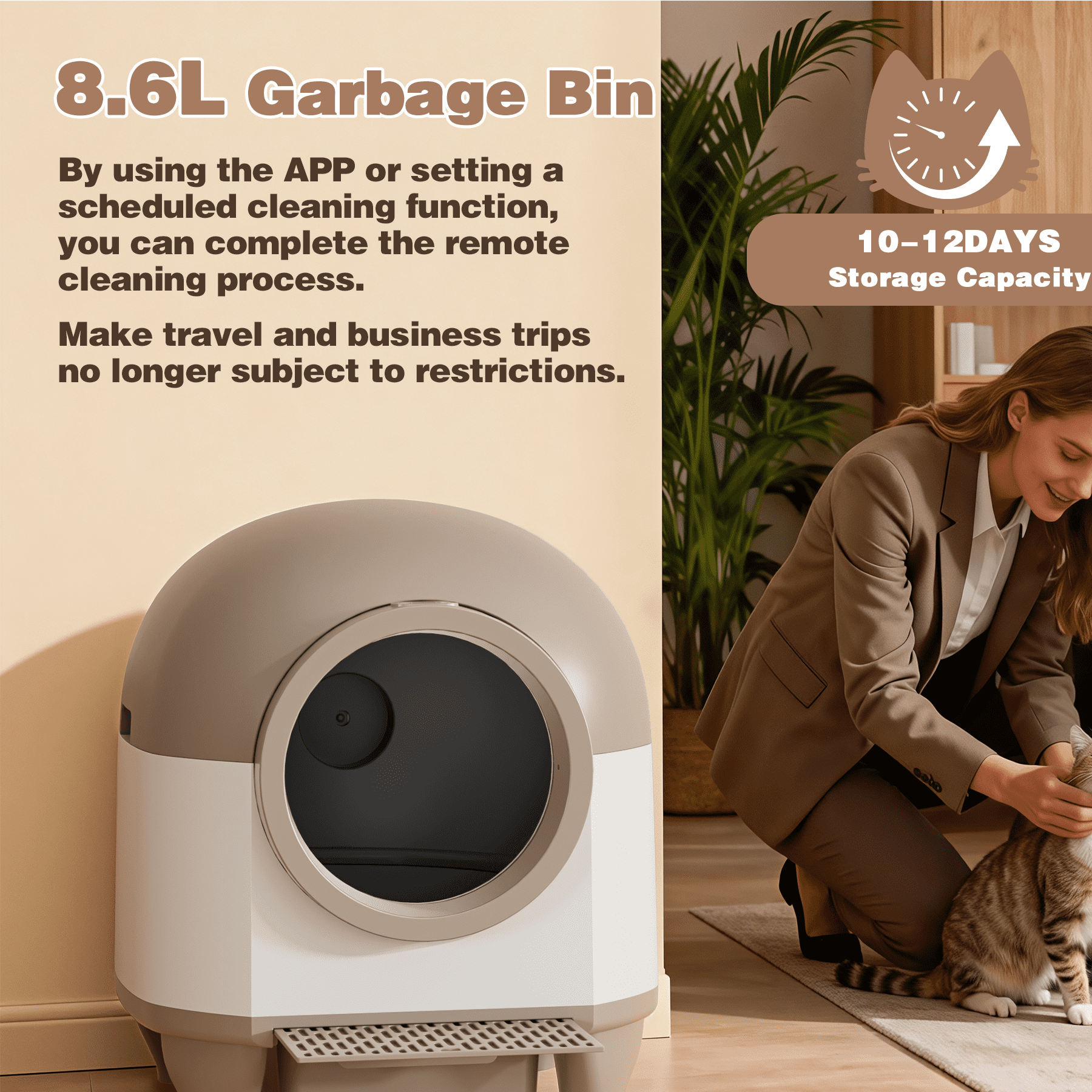 Furmax Self-Cleaning Cat Litter Box with Mat – Automatic Litter Box for Multiple Cats, Featuring Safety Protection and App Control, Includes a Complimentary Garbage Bag, Brown