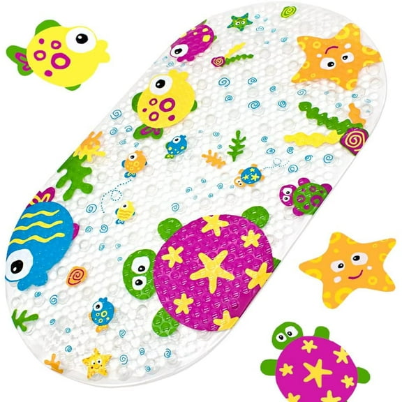 Cartoon Non Slip Bathtub Mat for Kids, Non-Slip Bath Shower Mat Massage Mat Floor Tub Mats for Toddlers Children Baby with Strong Suction Cups, 15.5 * 27 Inch Clear Sea Animal