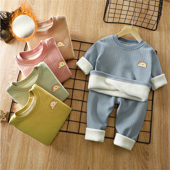 WRKEKC Infant Toddler Boys and Girls Winter Loungewear Set 2-Piece Soft Thermal Fleece Bear-Print Long-Sleeve Top and Elastic-Waist Pants Set 12Months-9Years