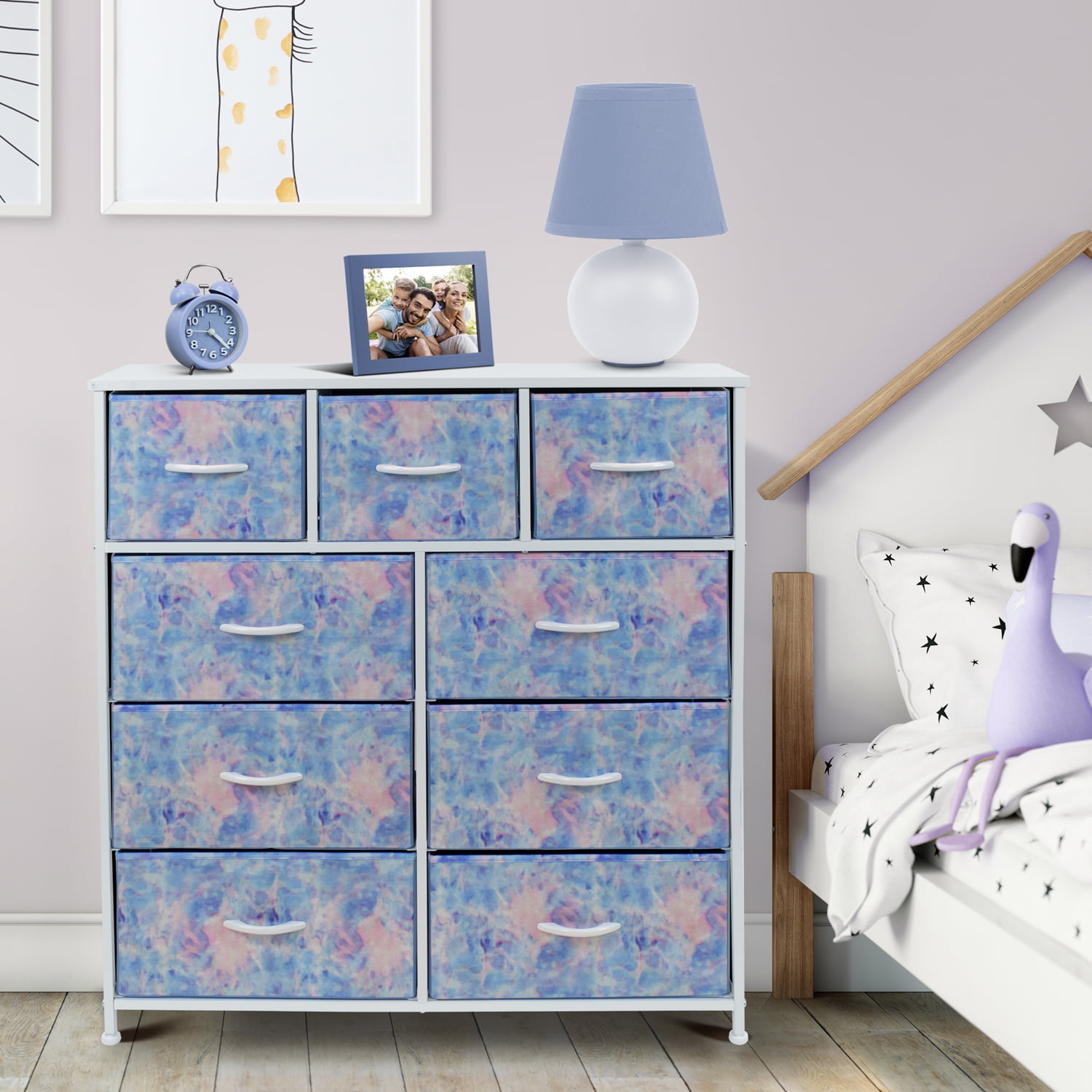 Sorbus 9-Drawer Dresser Nightstand End Table, Steel Frame, Wood Top, Tie-Dye Blue