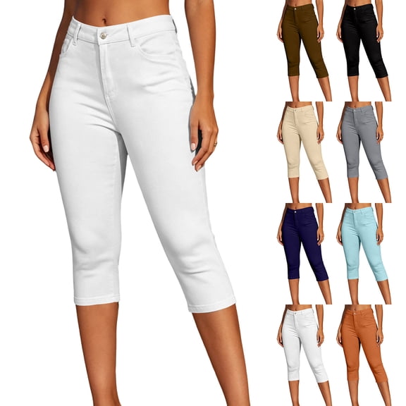 Cekizud Capri Pants for Women High Waist Button Stretch Slim Fit Cropped Capris,Sizes S-2XL