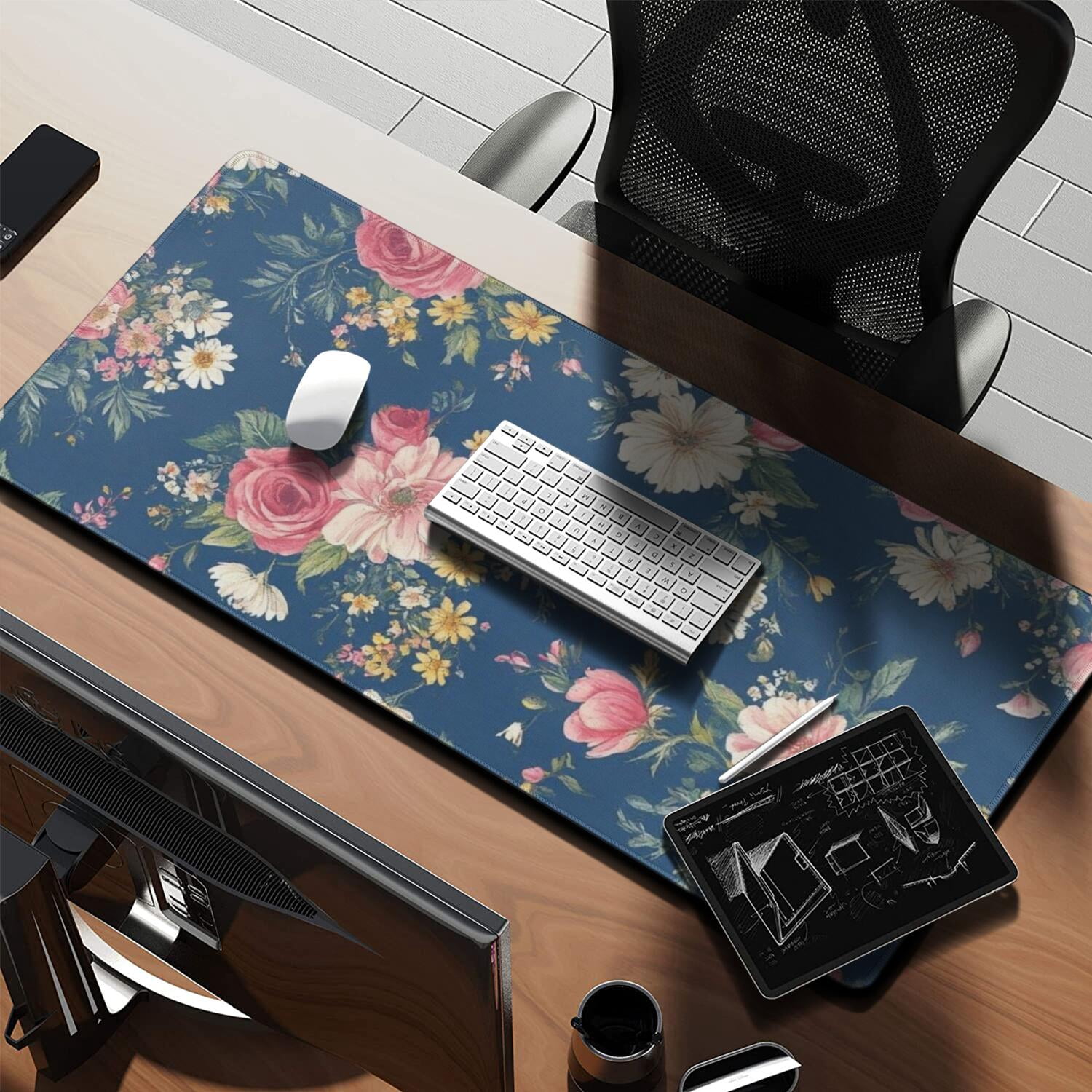Long Mouse Pads for Desk,Pioneer Flower Floral Print Pattern Desk Mats on Top Of Desks, Desk Mouse Pad Extra Large with 3mm Non-Slip Base and Stitched Edge for Gaming,Office,Work,Home 35.4"x15.7"