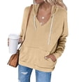 thumbnail image 2 of safuny Women's Fit Tops Hooded Sweatshirt Pocket Trendy Shirts Fall Long Sleeve Holiday V Neck Sports Casual Relaxed Solid Drawstring Pullover Khaki XXXL, 2 of 5