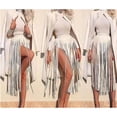 thumbnail image 3 of Falda de flecos para mujer, de talle alto, con borlas, de piel sintética, con mini cinturón. Blanco, 3 of 8