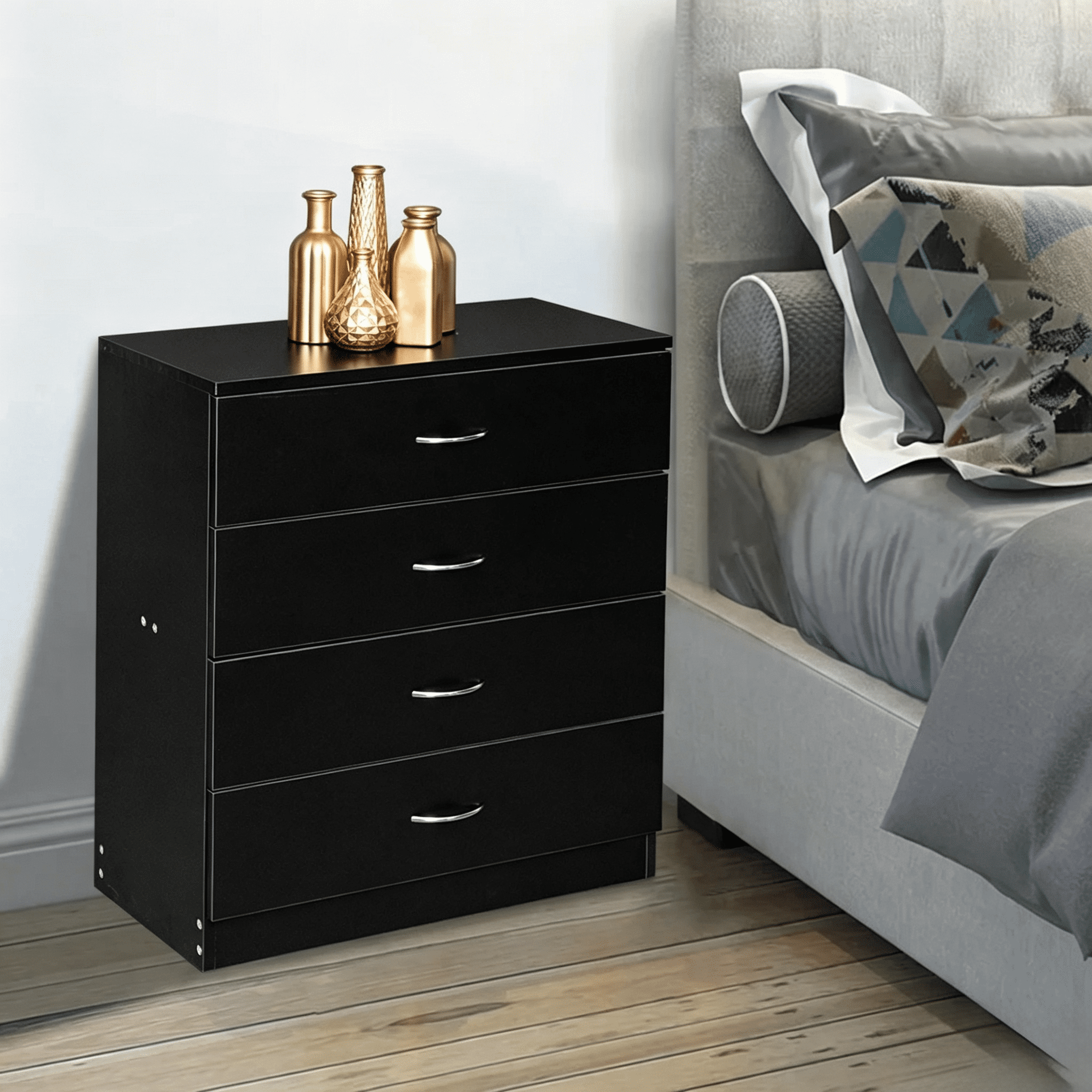 Black 4 Drawer Nightstand - High-quality and modern for interior decoration and storage