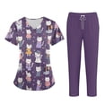 thumbnail image 3 of Minjewel Women's Plus Size Printed V-Neck Short Sleeve Scrubs for Women Set, Playful Animal & Floral Print Scrub Set for Nurses & Caregivers,Purple XL, 3 of 5