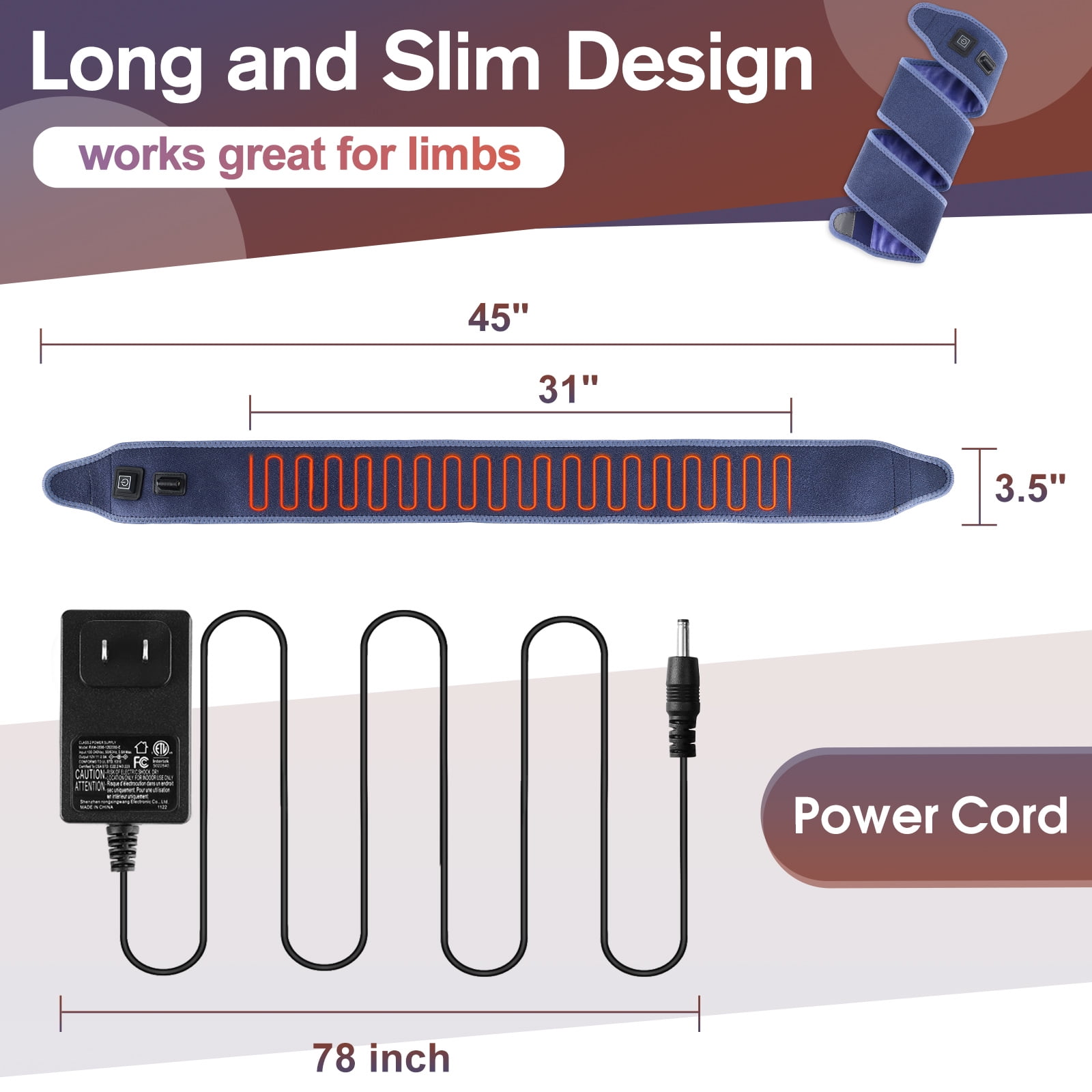 Elbow Heating Pad Wrap for Multiple Body Areas Heated Elbow Brace, Electric Heating Pad for Wrist, Ankle,Arm 39*3.5 in Brand New