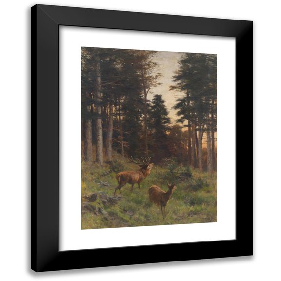 Franz Xaver von Pausinger 11x14 Black Modern Framed Museum Art Print Titled - Red Deer at Dusk
