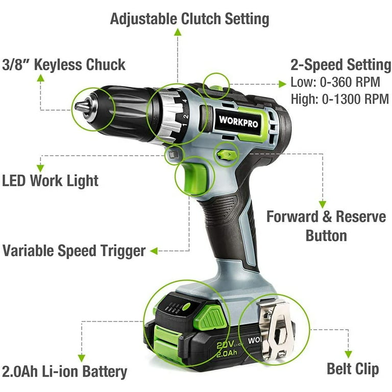 Drill Set, OUBEL 20V MAX Cordless Drill with Lithium-ion Battery 2.0Ah &  Fast Charger, Power Drill 3/8-Inch Keyless Chuck, 2 Variable Speed, 25+1