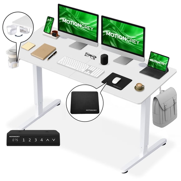 MotionGrey - Ergo2 Electric Standing Desk with Mousepad, 4-Preset Memory Keypad, 55” x 24” White Top, White Frame – Adjustable Ergonomic Desk for Home and Office
