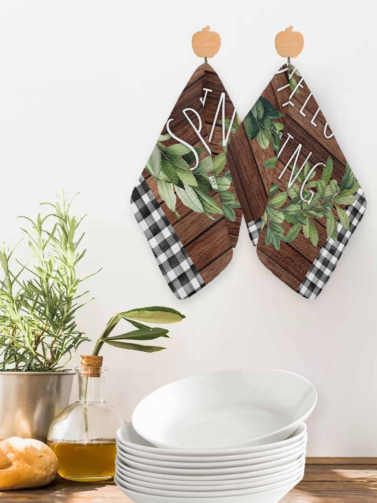 Farmhouse Green Garland Kitchen Dish Towels for Drying Dishes Set of 3, Spring Black Plaid Wood Grain Waffle Weave Microfiber Hand Tea Bathroom Towels Quick Dry & Absorbent Towel 12x12