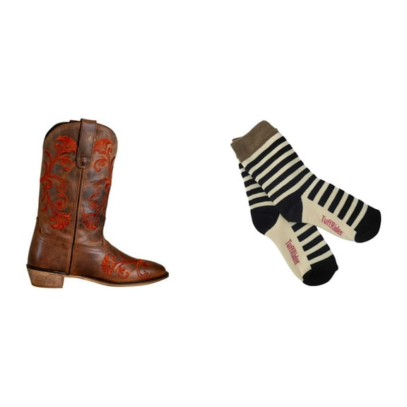 TuffRider Ladies Signa Square Toe Western Boot- Brown- 6 With Free Assorted Striped Socks