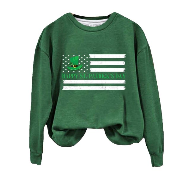 Nouveau & Tendance! FUNUONY T-Shirt de la Saint-Patrick pour Femmes Col Rond Manches Longues Imprimé Joyeux Saint-Patrick Drapeau Américain T-Shirt Vert Armée TTG