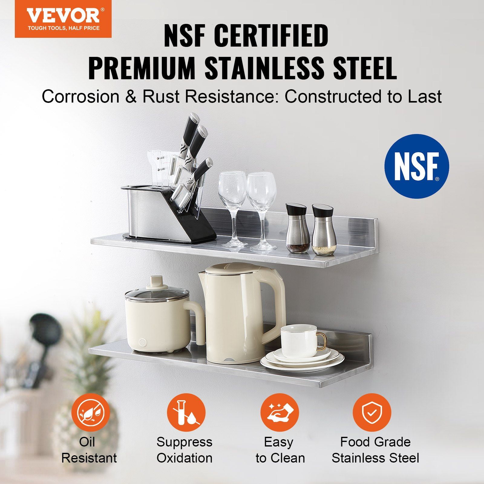 VEVOR 8.6" x 30" Stainless Steel Shelf, Wall Mounted Floating Shelving with Backsplash, 44 lbs Load Capacity Commercial Shelves, Heavy Duty Storage Rack for Restaurant, Bar, Home, and Hotel (2 Packs)