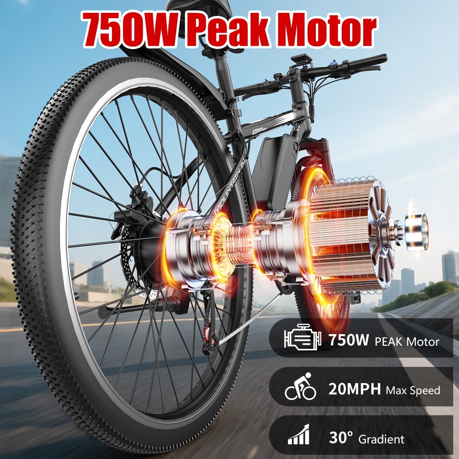 26" Electric Bike for Adults with Peak 750W Brushless Motor, 35Miles 22MPH Commuting Electric Mountain Bike with 360Wh Removable Battery, 7-Speed, Front Fork Suspension