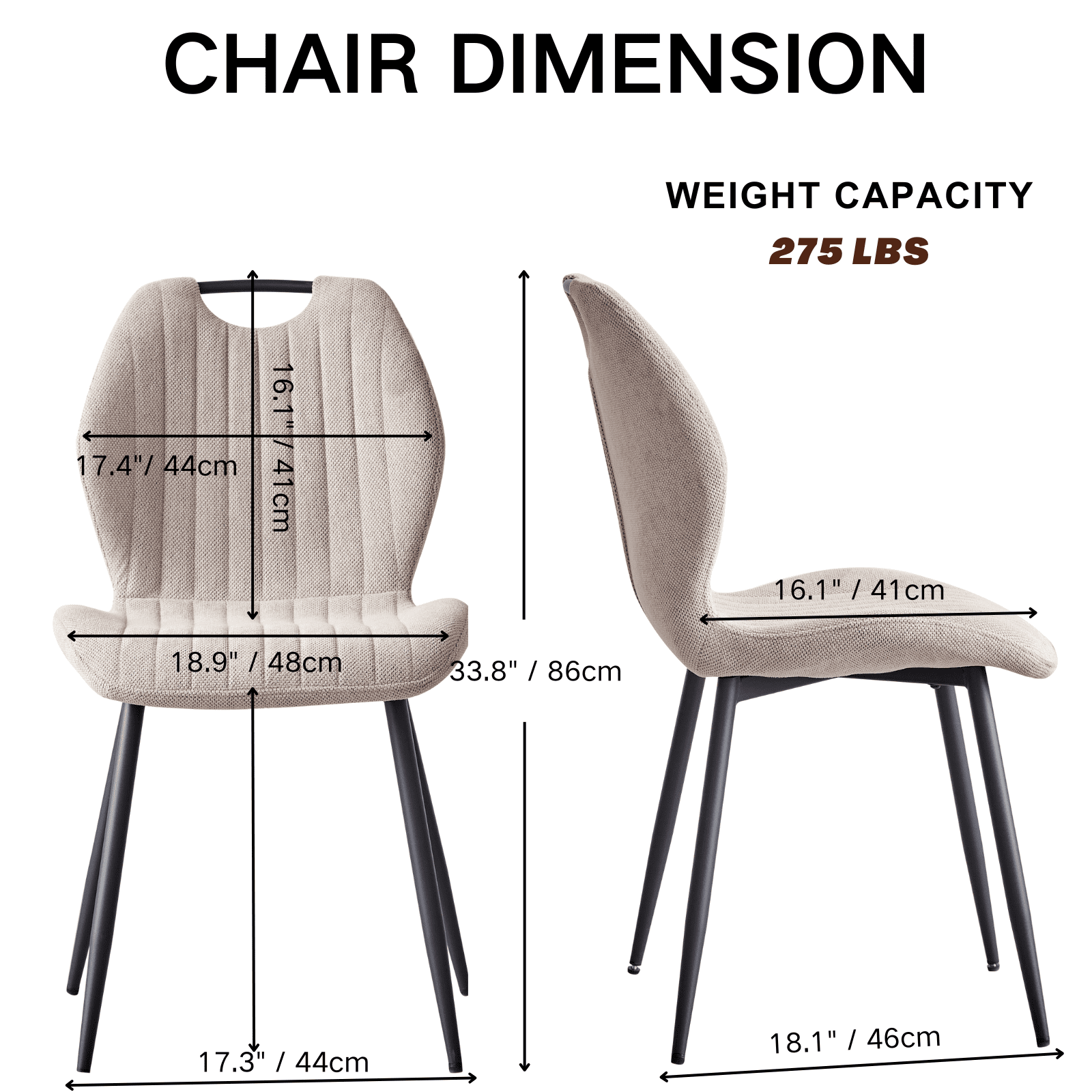 Dining Chairs Set of 4, Modern Upholstered Kitchen Chair for Living Room, Fabric Wingback Side Chairs with Metal Legs, Khaki