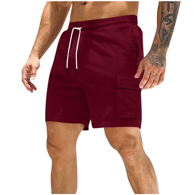 Mens Pantalones Cortos Cintura Elástica con Bolsillos Color Sólido Corduroy Ropa de Trabajo Casual Pantalones Cortos, Corduroy