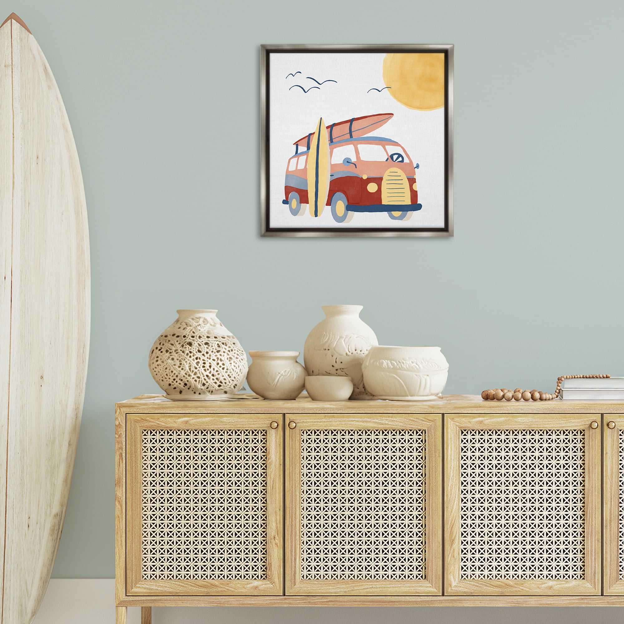 Stupell Industries Summer Surf Bus Transportation Painting Gray Floater Framed Canvas Art Print Wall Art, 25 x 25