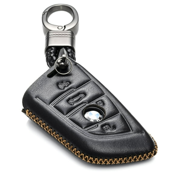 Vitodeco Leather Smar Key Fob Case Compatible with BMW 2, 3, 5, 6, 7, M Series, X1, X3, X4, X5, X6, X7 2014-2022 (4-Button, Black)