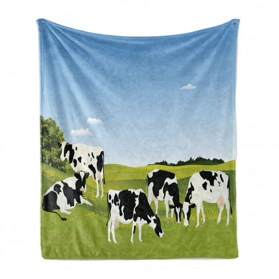 Cattle Soft Flannel Fleece Throw Blanket, Graphic Illustration of Domestic Cows Eating Grass on Meadow in Sunny Day Theme, Cozy Plush for Indoor and Outdoor Use, 70" x 90", Multicolor, by Ambesonne