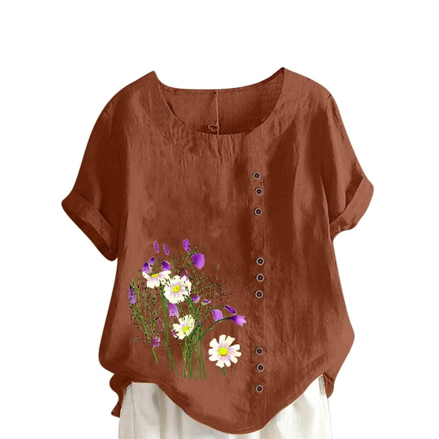 Cameland Hauts pour Femmes Col Rond Manches Courtes Imprimé Floral Chemise Ample