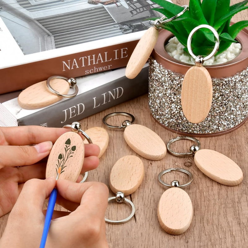 60PCS Oval Wooden Keychain Blanks Unfinished Wood Keychain Blank Key Ring Key Tag Wood Engraving Blank Keychains