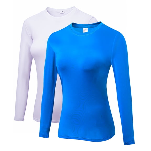 ZDCGT Women's Long Sleeve Compression Shirts Athletic Running Dry Fit Tops 2 Pack White-Blue,S