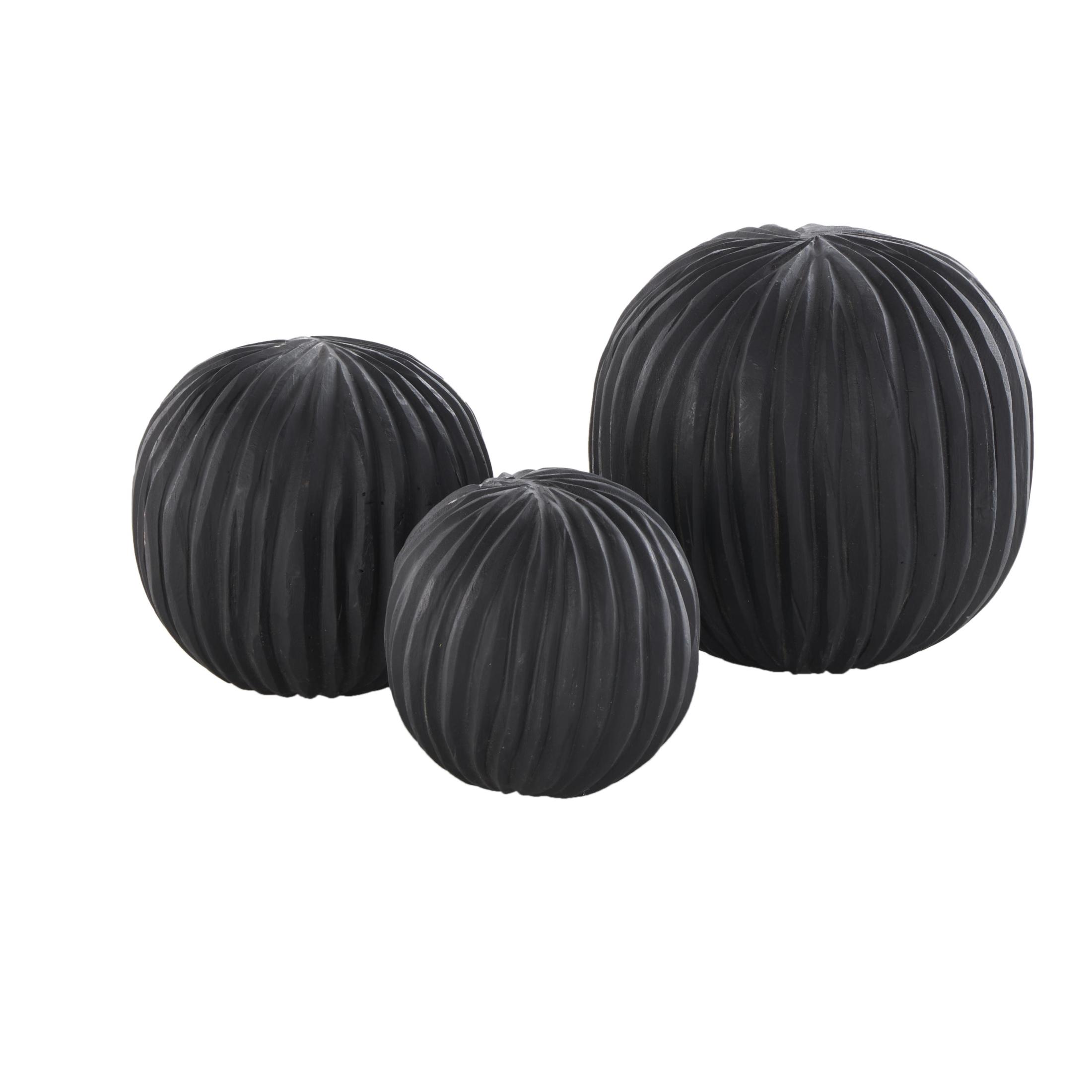 DecMode Black 6" Handmade Carved Textured Teak Wood Orbs & Vase Filler with Wavy Ridges (3 Count)