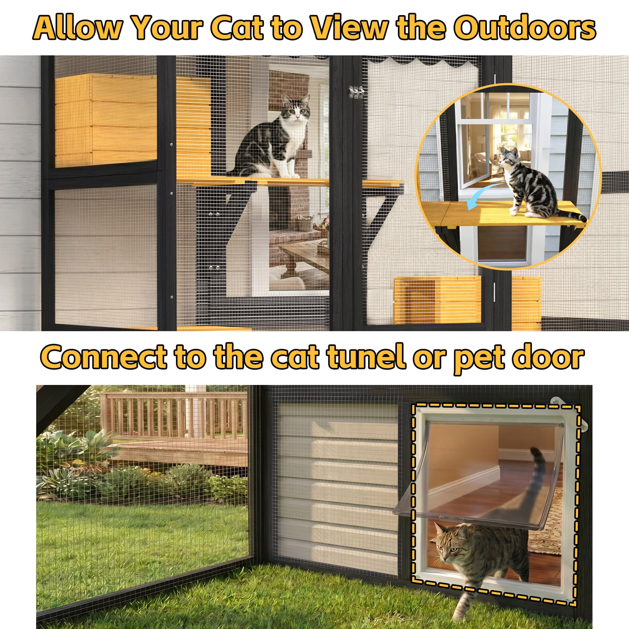 GYSIBAPO Large Wooden Catio Outdoor Cat Enclosure, Walk-in Cat House with 2 Condos, 5 Platforms, 4 Doors & Weatherproof Roof