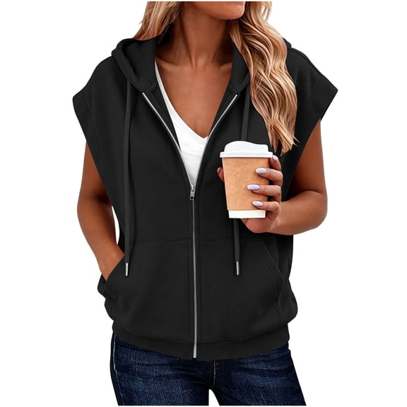 Tusihei Women's Sleeveless Zip Up Hoodies Loose Fit Lightweight Casual Sweatshirts Solid Basic Trendy Outfit Summer Layering Workout Lounge Top, Black 2XL