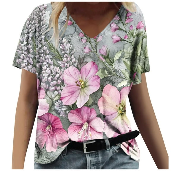Youyipin Womens Tops Summer Tops For Women, V Neck Short Sleeve Casual Blouses Fashion Print Loose Fit Shirts Spring Tops For Women