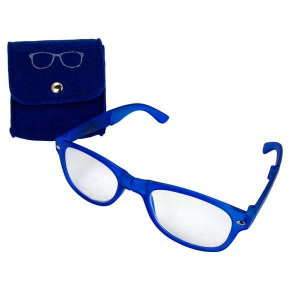 Global Vision Foldaway Reading Glasses for Men or Women +1.5 Magnification Foldable Blue Frame w/Clear Lens & Color-Matching Pouch