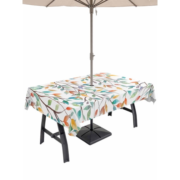 Outdoor Tablecloth with Umbrella Hole for Patio/Picnic/Party/Camping, Teal Orange Eucalyptus Waterproof Table Cloth Rectangle Table Cover Washable, Weeping Botanical Leaves (60"x 102")