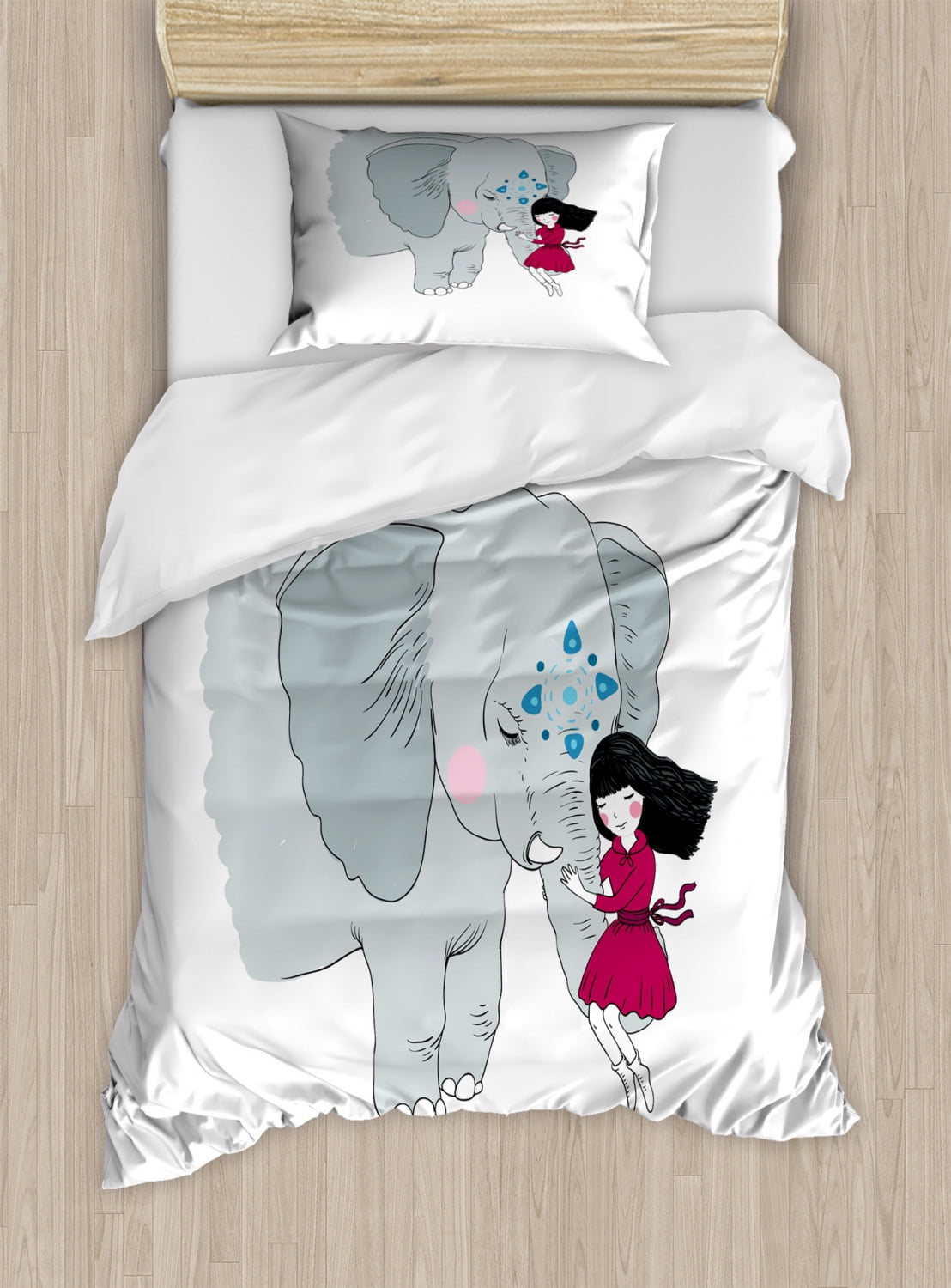 Elephant Twin Size Duvet Cover Set, Little Girl Sitting on the Trunk of