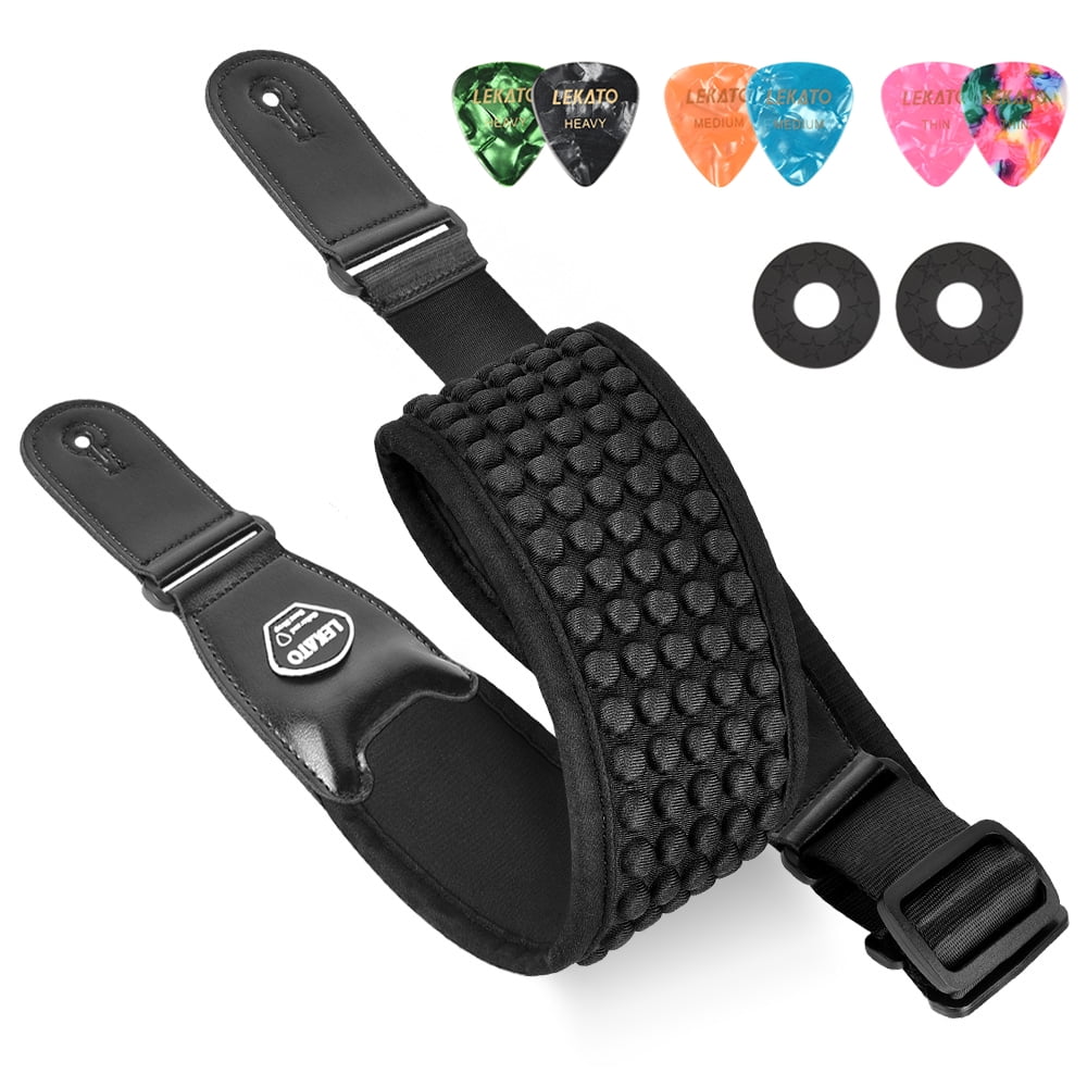LEKATO Guitar Straps for Electric Bass 3.5" Wide Padded Neoprene Pad with 3D Sponge Filling Adjustable Length from 45" to 55" with Strap Locks Picks