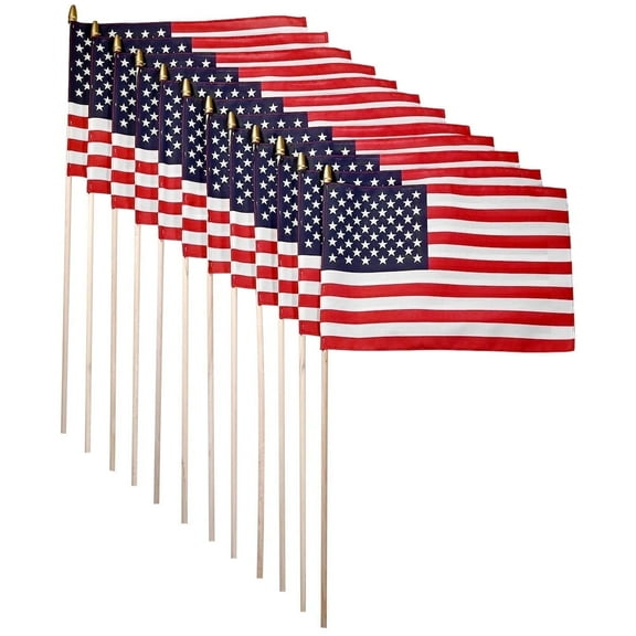 Super Tough American Flag | 1x1.5 FT Outdoor USA Flag | 30" Durable Wooden Stick with Spear Tip | 12x18 in Heavy Duty Most Durable Cotton US Stick Flag | Made in USA | 12 Pack